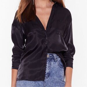 Nasty Gal Black Sating Button Down Blouse